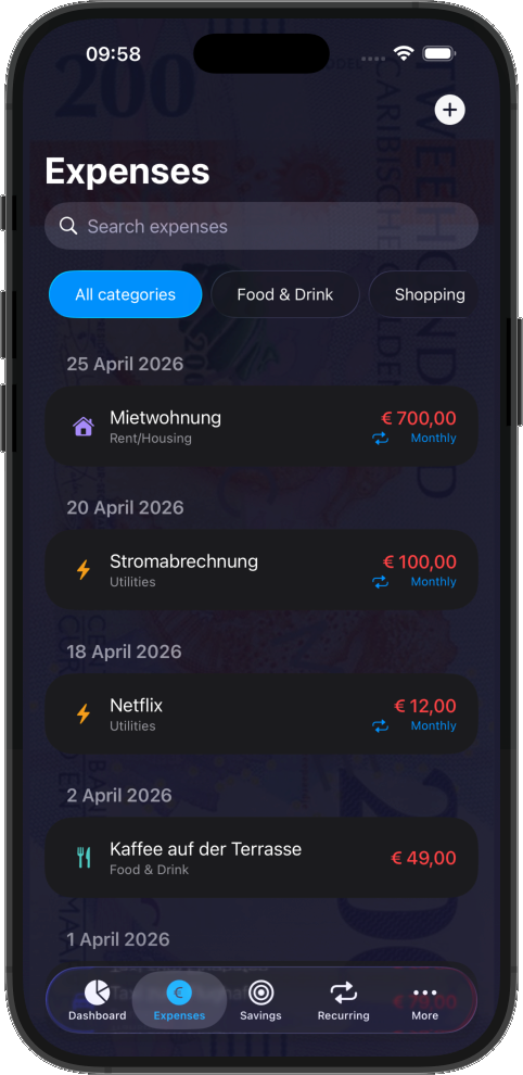 Doekoe expense list view showing categorised transactions