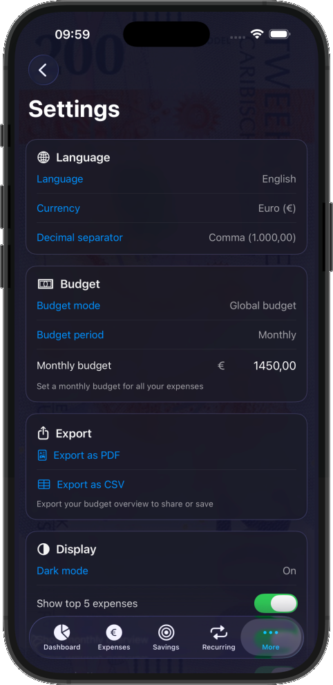 Doekoe settings screen with multi-language and currency options
