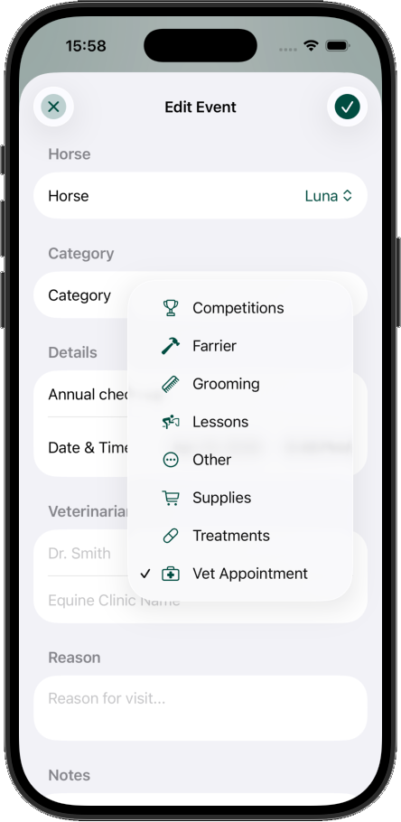 EquiPulse calendar and event reminder for vet and farrier appointments