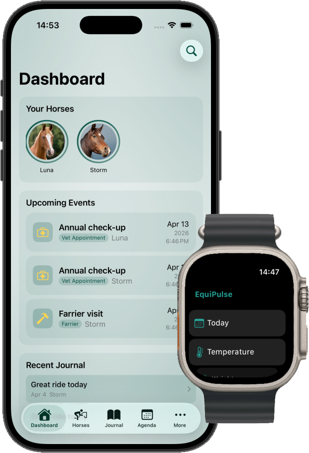 EquiPulse on Apple Watch showing live horse heart rate and care reminders