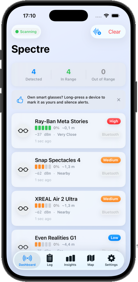 Spectre app dashboard on iPhone